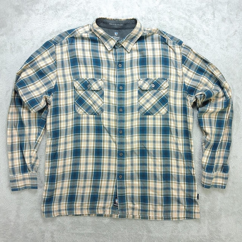 KUHL Mens XL Plaid Long Sleeve Button Up Shirt Blue Tan Hiking Outdoor